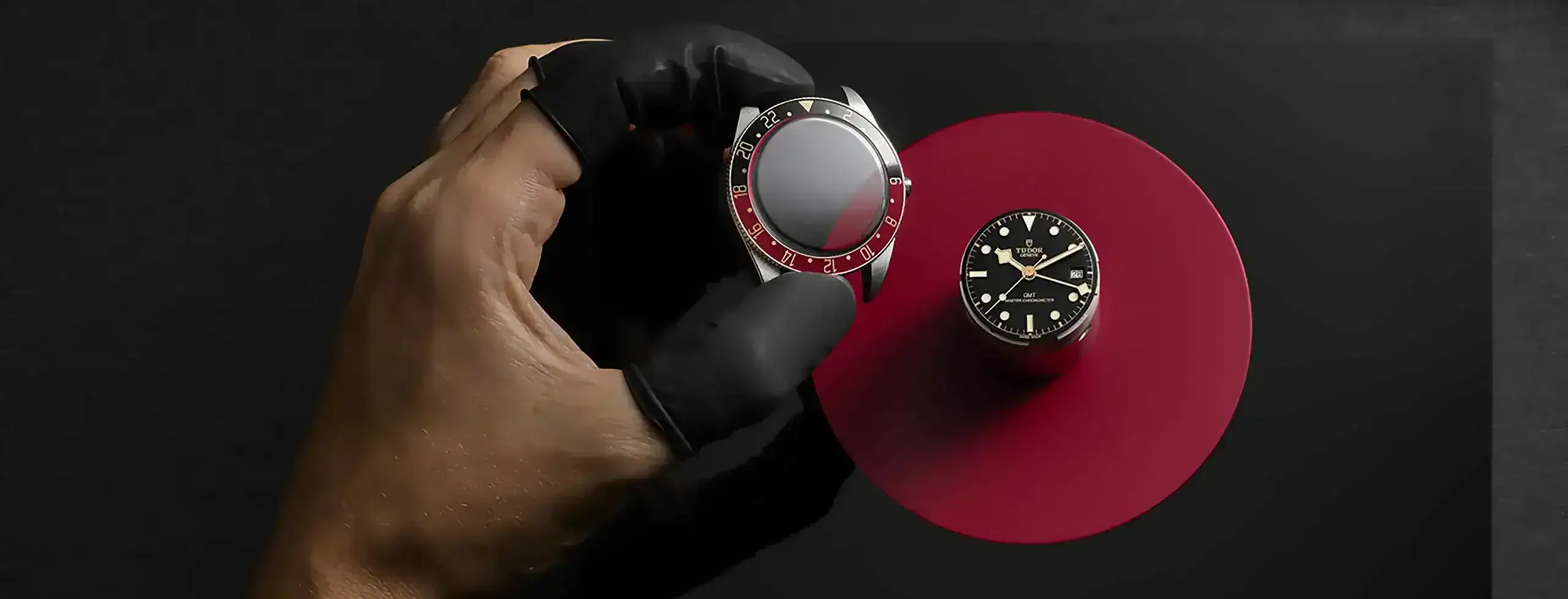 TUDOR watch case and red bezel being assembled - Watatime